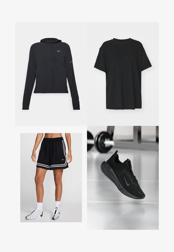 Crna jakna s kapuljačom i dugim rukavima, izrađena od laganog materijala. Ima prednji patentni zatvarač, Nike logo i suptilne dizajnerske detalje.; Crna majica kratkih rukava napravljena od glatkog materijala, s okruglim izrezom i slobodnim krojem. Ima bočne proreze za dodatnu udobnost i prozračnost.; Crne atletske šortse s bijelim prugama, elastičnim pojasom i mogućnošću zatezanja. Uparene s bijelim i crnim tenisicama i čarapama.; Crna sportska tenisica s Nike logotipom, prikazana u zraku na podu teretane, s mutnom stalcem za bučice u pozadini.