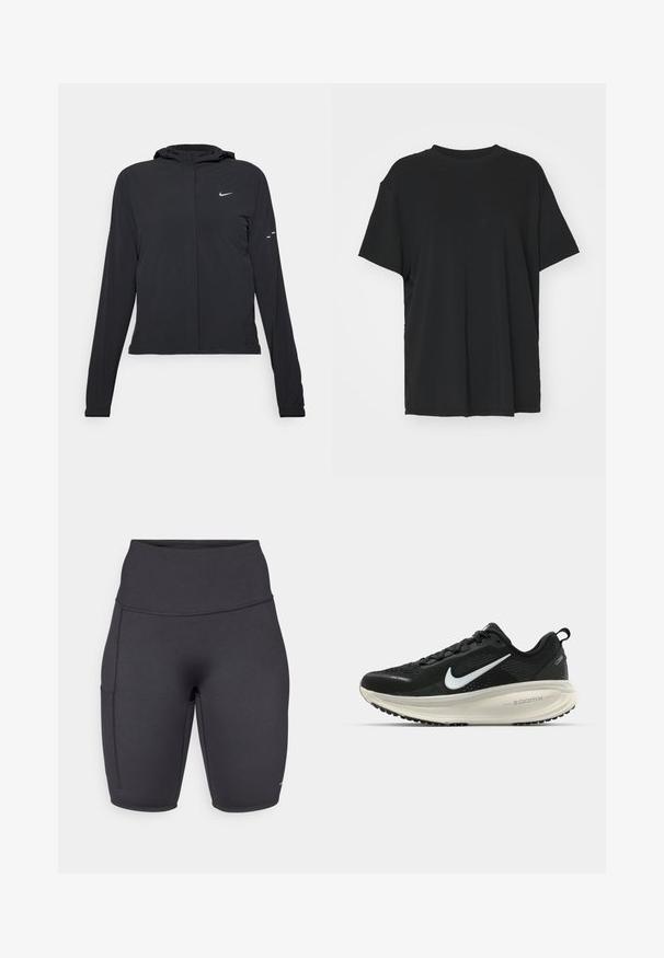 Crna jakna s kapuljačom i dugim rukavima, izrađena od laganog materijala. Ima prednji patentni zatvarač, Nike logo i suptilne dizajnerske detalje.; Crna majica kratkih rukava napravljena od glatkog materijala, s okruglim izrezom i slobodnim krojem. Ima bočne proreze za dodatnu udobnost i prozračnost.; Crne biciklističke tajice visokog struka izrađene od rastezljivog materijala, s jednim bočnim džepom, glatkom teksturom i ravnim šavovima za udobnost.; Crne Nike trkačke tenisice s prozračnom mrežastom gornjom konstrukcijom, bijelim swoosh logotipom, teksturiranim detaljima i kremastom ZoomX srednjom potplatnom jedinicom.