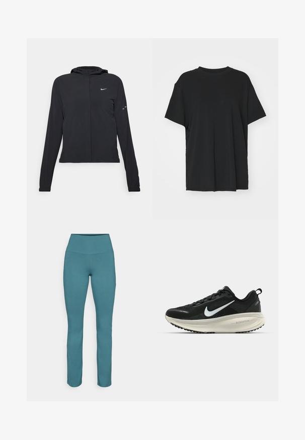 Jachetă neagră cu glugă, cu mâneci lungi, fabricată din material ușor. Dispune de un fermoar frontal, un logo Nike și accente de design subtile.; Tricou negru cu mânecă scurtă, fabricat dintr-un material neted, cu guler rotund și croială lejeră. Dispune de fante laterale pentru un plus de confort și respirație.; Leggings teal cu talie înaltă, realizate dintr-un material elastic. Textură netedă, formă ajustată și fără modele sau accesorii vizibile.; Pantofii de alergare negri de la Nike, cu parte superioară din plasă respirabilă, logo-ul alb Swoosh, detalii texturate și o talpă intermediară ZoomX de culoare crem.