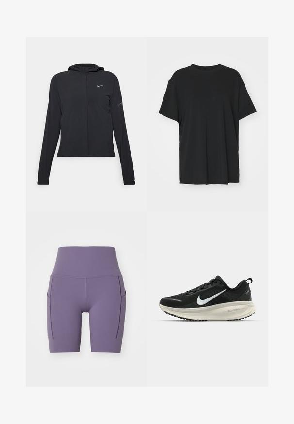 Svart hettegenser med lange ermer, laget av lett materiale. Har glidelås foran, Nike-logo og subtile design detaljer.; Svart t-skjorte med korte ermer laget av glatt stoff, med rund hals og løs passform. Har sideslisser for ekstra komfort og pusteevne.; Nike Performance UNIVERSA SHORT - Tights - daybreak/black; Svart Nike løpesko med pustende mesh-overdel, hvit swoosh-logo, teksturert detaljer og en kremfarget ZoomX mellomsåle.