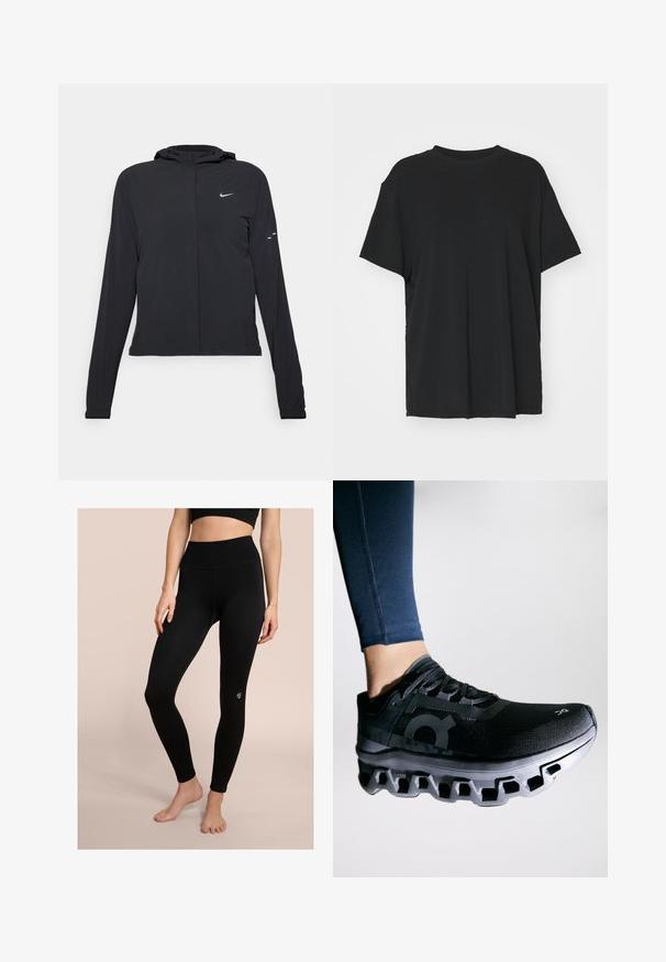 Zwarte kaptrui met lange mouwen, gemaakt van lichtgewicht materiaal. Voorzien van een ritssluiting aan de voorkant, een Nike-logo en subtiele ontwerpelementen.; Zwarte korte mouwen t-shirt van soepel stof, met een ronde hals en een losse pasvorm. Heeft zij-splitten voor extra comfort en ademend vermogen.; Zwarte legging met een geribbelde tailleband en een gladde textuur. Bevat een klein logo nabij de enkel. Aansluitend ontwerp, reikt tot de enkels.; Zwarte hardloopschoen met een gestructureerde bovenkant en een opvallende tussenzool met een uniek segmentontwerp. Geaccentueerd met een logo aan de zijkant.