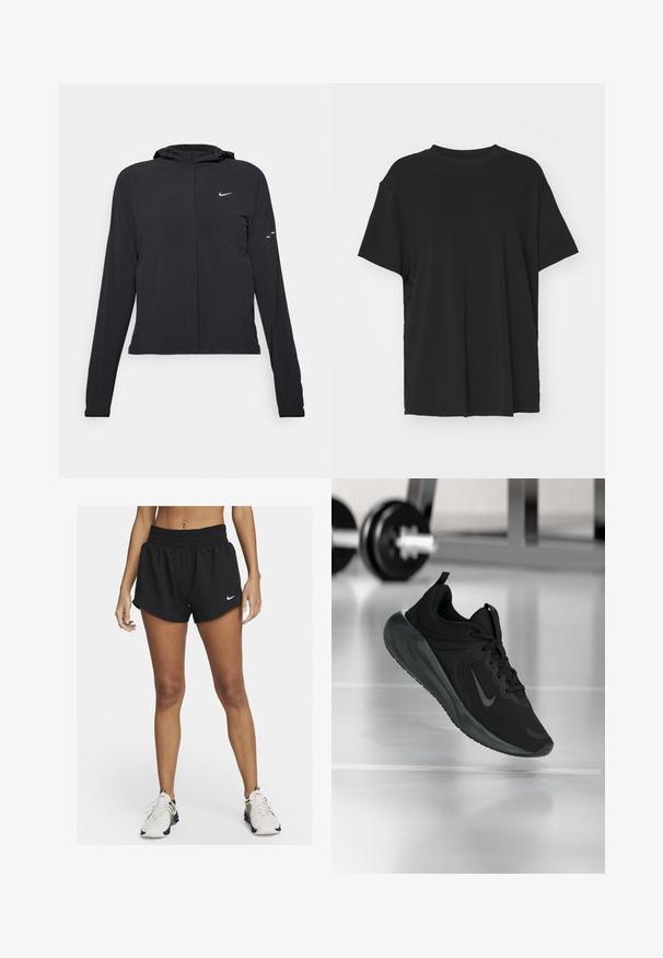 Giacca nera con cappuccio e maniche lunghe, realizzata in materiale leggero. Presenta una zip frontale, il logo Nike e accenti di design sottili.; T-shirt nera a maniche corte realizzata in un tessuto morbido, con collo rotondo e vestibilità ampia. Presenta delle fessure laterali per un comfort e una traspirabilità aggiuntivi.; Pantaloni sportivi neri con una vestibilità ampia, vita elastica e orlo curvo. Presentano un piccolo logo Nike bianco sul lato sinistro in basso.; Sneaker sportivo nero con logo Nike, mostrato in volo su un pavimento da palestra, con un supporto per pesi sfocato sullo sfondo.