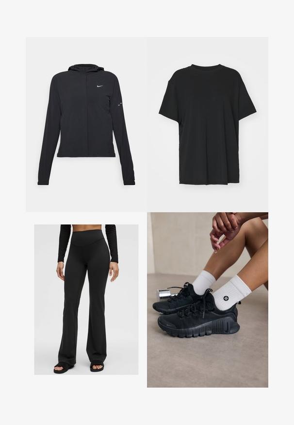 Melnā kapuci jaka ar garām piedurknēm, izgatavota no viegla materiāla. Tam ir priekšējais rāvējslēdzis, Nike logo un smalki dizaina akcenti.; Melna īsām piedurknēm T-krekli, izgatavots no gludas auduma, ar apaļu kakla izgriezumu un brīvu piegriezumu. Satur sānu šķēlumu, lai nodrošinātu papildu komfortu un gaisa caurlaidību.; Melnas paplašinātās bikses, izgatavotas no elastīga auduma ar augstu jostasvietu. Gluda tekstūra, minimāla šuvšana, valkātas ar melnām slīdošām sandālēm.; Melnas sporta kurpes ar teksturētu audumu, saistītu dizainu un izteiktu zoli, savienotas ar baltām ribotām zeķēm ar mazu logo.