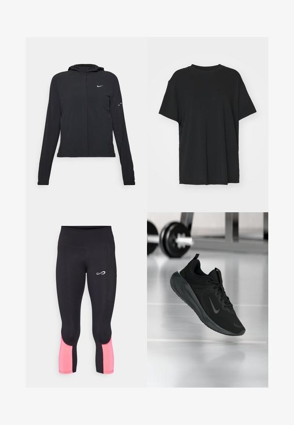 Fekete kapucnis dzseki hosszú ujjakkal, könnyű anyagból készült. Elülső cipzárral, Nike logóval és diszkrét dizájn elemekkel rendelkezik.; Fekete, rövid ujjú póló sima anyagból, kerek nyakkivágással és laza szabással. Oldalhasítékokkal a kényelem és a légáteresztés érdekében.; Endless LIFT - Háromnegyedes sportnadrágok - black/bright coral; Fekete sportcipő Nike logóval, amely a levegőben látható az edzőterem padlóján, a háttérben elmosódott kézi súlyzó állvánnyal.
