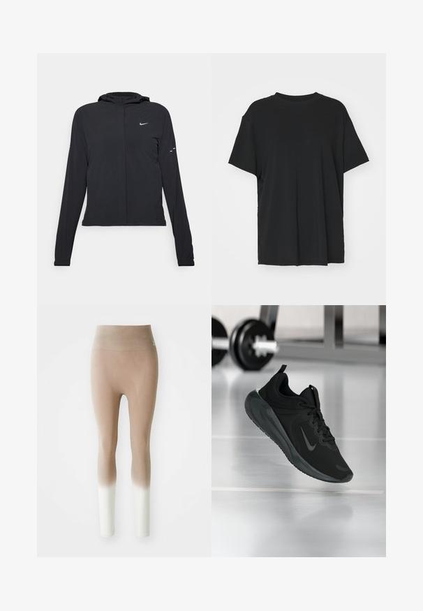 Jachetă neagră cu glugă, cu mâneci lungi, fabricată din material ușor. Dispune de un fermoar frontal, un logo Nike și accente de design subtile.; Tricou negru cu mânecă scurtă, fabricat dintr-un material neted, cu guler rotund și croială lejeră. Dispune de fante laterale pentru un plus de confort și respirație.; Leggings ombre fără sudură de la bej la alb, cu talie înaltă, expuse pe un fundal alb simplu.; Tenisii sport negru cu logo-ul Nike, arătați în aer deasupra podelei de sală de sport, cu un suport pentru haltere neclar în fundal.