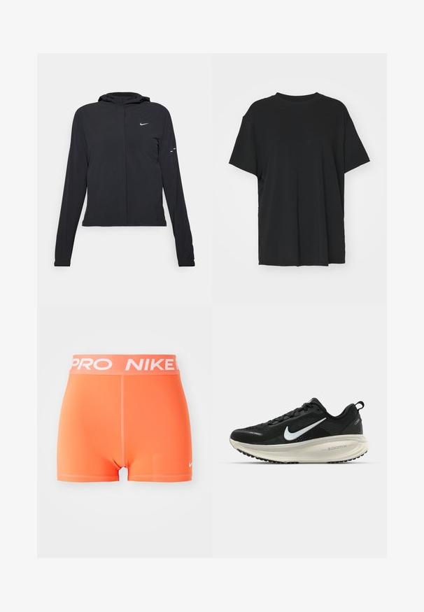 Svart hettegenser med lange ermer, laget av lett materiale. Har glidelås foran, Nike-logo og subtile design detaljer.; Svart t-skjorte med korte ermer laget av glatt stoff, med rund hals og løs passform. Har sideslisser for ekstra komfort og pusteevne.; Nike Pro-shorts i lys oransje. Laget av et glatt, elastisk materiale med hvit logo og lettering på livet. Har et minimalistisk design.; Svart Nike løpesko med pustende mesh-overdel, hvit swoosh-logo, teksturert detaljer og en kremfarget ZoomX mellomsåle.