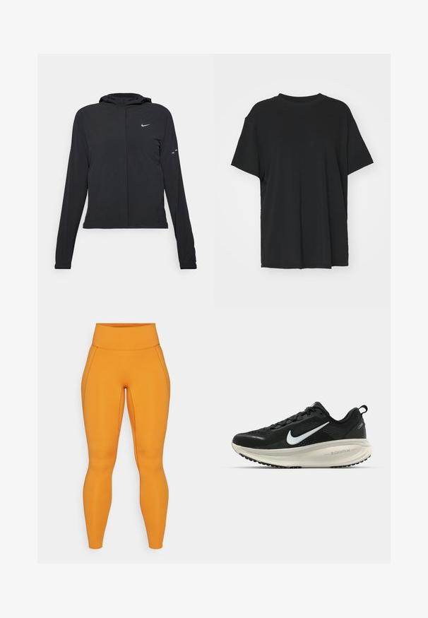 Veste à capuche noire avec des manches longues, fabriquée en matériau léger. Elle comporte une fermeture éclair à l'avant, un logo Nike et des accents de design subtils.; T-shirt noir à manches courtes en tissu lisse, avec un col ras du cou et une coupe décontractée. Présente des fentes sur les côtés pour plus de confort et de respirabilité.; Leggings taille haute orange avec une texture lisse et extensible, présentant des coutures sur les côtés pour un design supplémentaire.; Baskets de course noir Nike avec tige respirante en mesh, logo swoosh blanc, détails texturés et semelle intermédiaire ZoomX de couleur crème.