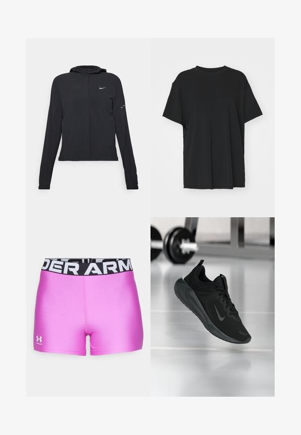 Czarna kurtka z kapturem, z długimi rękawami, wykonana z lekkiego materiału. Posiada zamek błyskawiczny z przodu, logo Nike oraz subtelne akcenty wzornicze.; Czarna krótko rękawowa koszulka wykonana z gładkiego materiału, z okrągłym dekoltem i luźnym krojem. Posiada boczne rozcięcia, które zapewniają dodatkowy komfort i przewiewność.; Różowe szorty sportowe o gładkiej fakturze. Czarny pas z napisem "UNDER ARMOUR" w białym kolorze. Logo na lewej nodze.; Czarny sportowy sneaker z logo Nike, pokazany w powietrzu na podłodze siłowni, z rozmytym regałem z hantlami w tle.