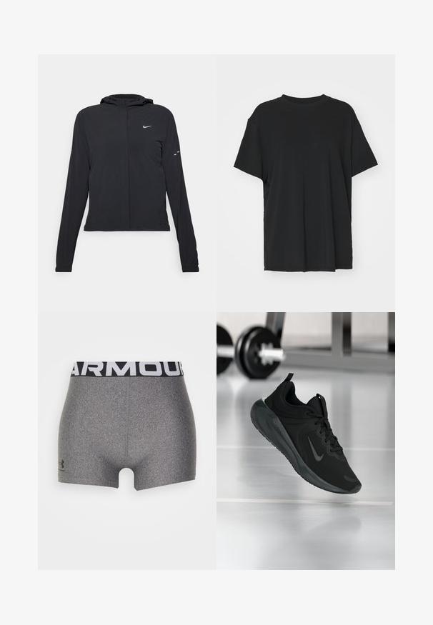 Juodas gobtuvas striukė su ilgomis rankovėmis, pagaminta iš lengvo audinio. Pasižymi priekiniais užtrauktukais, Nike logotipu ir subtiliais dizaino akcentais.; Juodas trumpas rankovėmis marškinėliai, pagaminti iš lygaus audinio, su apvaliu iškirpimu ir laisvu siluetu. Įrengti šoninių skeltukų patogumui ir oro pralaidumui.; Pilkos sportinės šortai su prigludusia forma, pagaminti iš tekstūruoto audinio. Yra platus juodas juosmuo su užrašu "ARMOUR" balta spalva.; Juodas sportinis sportbačiai su Nike logotipu, pavaizduoti ore virš sporto salės grindų, fone išblurinta hantelių laikiklis.