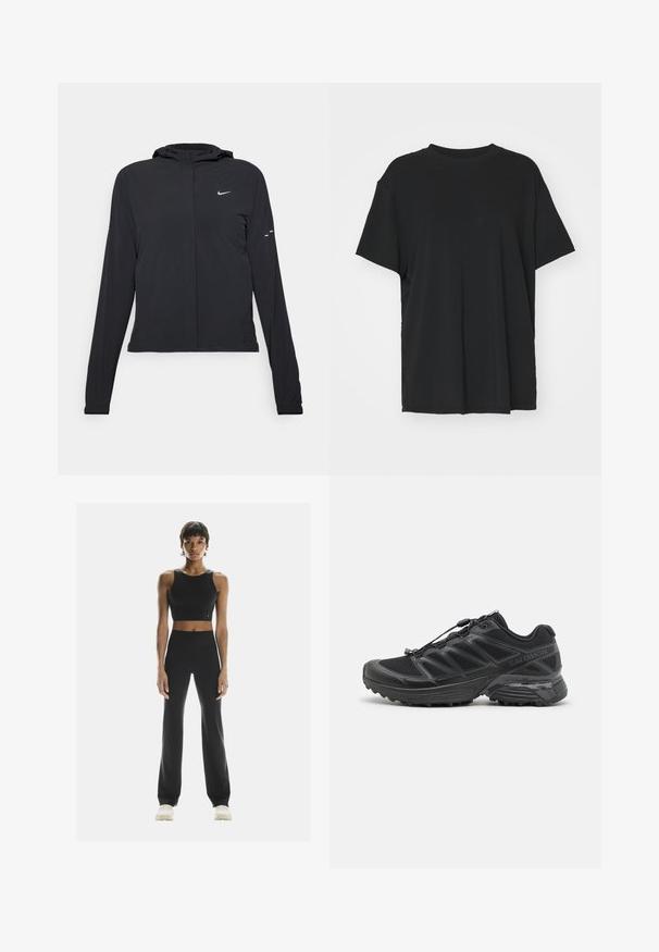 Zwarte kaptrui met lange mouwen, gemaakt van lichtgewicht materiaal. Voorzien van een ritssluiting aan de voorkant, een Nike-logo en subtiele ontwerpelementen.; Zwarte korte mouwen t-shirt van soepel stof, met een ronde hals en een losse pasvorm. Heeft zij-splitten voor extra comfort en ademend vermogen.; On STUDIO - Tights - black; Zwarte hardloopschoenen met een bovenwerk van mesh en synthetisch materiaal, een flexibele buitenzool en elastische veters. Heeft een gevoerde tussenzool voor comfort.