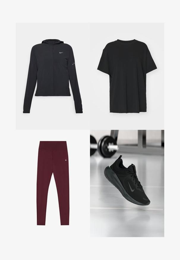 Juodas gobtuvas striukė su ilgomis rankovėmis, pagaminta iš lengvo audinio. Pasižymi priekiniais užtrauktukais, Nike logotipu ir subtiliais dizaino akcentais.; Juodas trumpas rankovėmis marškinėliai, pagaminti iš lygaus audinio, su apvaliu iškirpimu ir laisvu siluetu. Įrengti šoninių skeltukų patogumui ir oro pralaidumui.; Bordo spalvos leggingai, pagaminti iš tamprių audinių, su plačiu juosmeniu ir mažu logotipo detaliu priekyje. Lygus, prigludęs dizainas.; Juodas sportinis sportbačiai su Nike logotipu, pavaizduoti ore virš sporto salės grindų, fone išblurinta hantelių laikiklis.