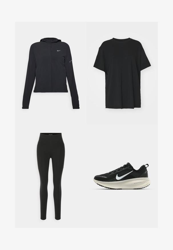 Melnā kapuci jaka ar garām piedurknēm, izgatavota no viegla materiāla. Tam ir priekšējais rāvējslēdzis, Nike logo un smalki dizaina akcenti.; Melna īsām piedurknēm T-krekli, izgatavots no gludas auduma, ar apaļu kakla izgriezumu un brīvu piegriezumu. Satur sānu šķēlumu, lai nodrošinātu papildu komfortu un gaisa caurlaidību.; Melnas augsto vidukļa legINGI, izgatavoti no elastīga materiāla, ar gludu tekstūru un sānu paneļu detaļām, kas nodrošina plānu piegulošu saskaņu.; Melnas Nike skriešanas kurpes ar elpojošu acs augšdaļu, baltu Swoosh logotipu, strukturētu apdari un krēmkrāsas ZoomX starpsole.