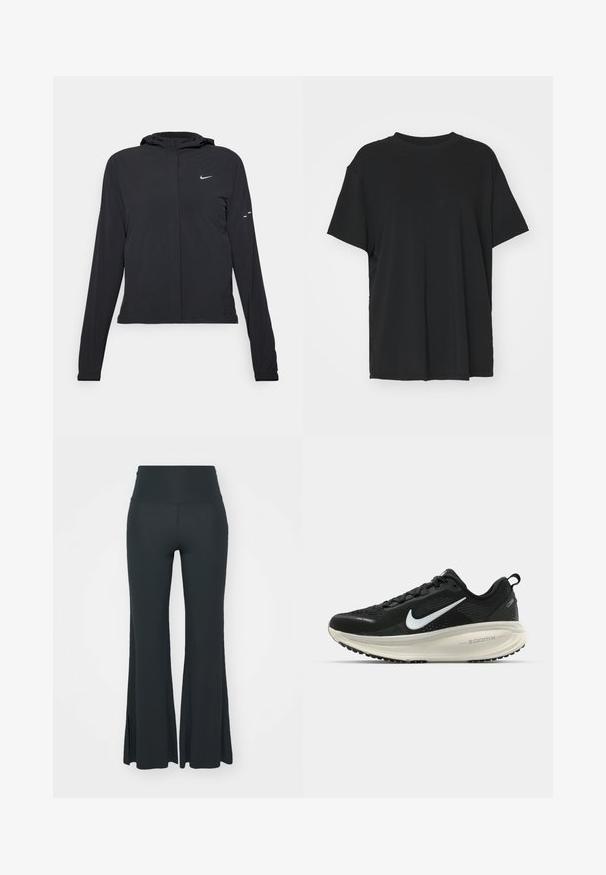 Casaco preto com capuz e mangas longas, feito de material leve. Apresenta um fecho dourado na frente, um logótipo da Nike e detalhes de design subtis.; T-shirt preto de manga curta feito de tecido suave, com decote redondo e corte solto. Apresenta aberturas laterais para maior conforto e respirabilidade.; Yogasearcher JAIPUR FLARE PANTS - Calças de fato de treino - forest; Sapatilha de corrida Nike preta com parte superior de malha respirável, logotipo Swoosh branco, detalhes texturizados e uma entressola ZoomX na cor creme.