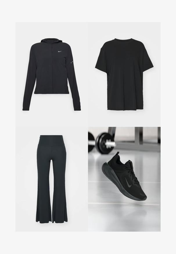 Fekete kapucnis dzseki hosszú ujjakkal, könnyű anyagból készült. Elülső cipzárral, Nike logóval és diszkrét dizájn elemekkel rendelkezik.; Fekete, rövid ujjú póló sima anyagból, kerek nyakkivágással és laza szabással. Oldalhasítékokkal a kényelem és a légáteresztés érdekében.; Yogasearcher JAIPUR FLARE PANTS - Tréningruha alsók - forest; Fekete sportcipő Nike logóval, amely a levegőben látható az edzőterem padlóján, a háttérben elmosódott kézi súlyzó állvánnyal.
