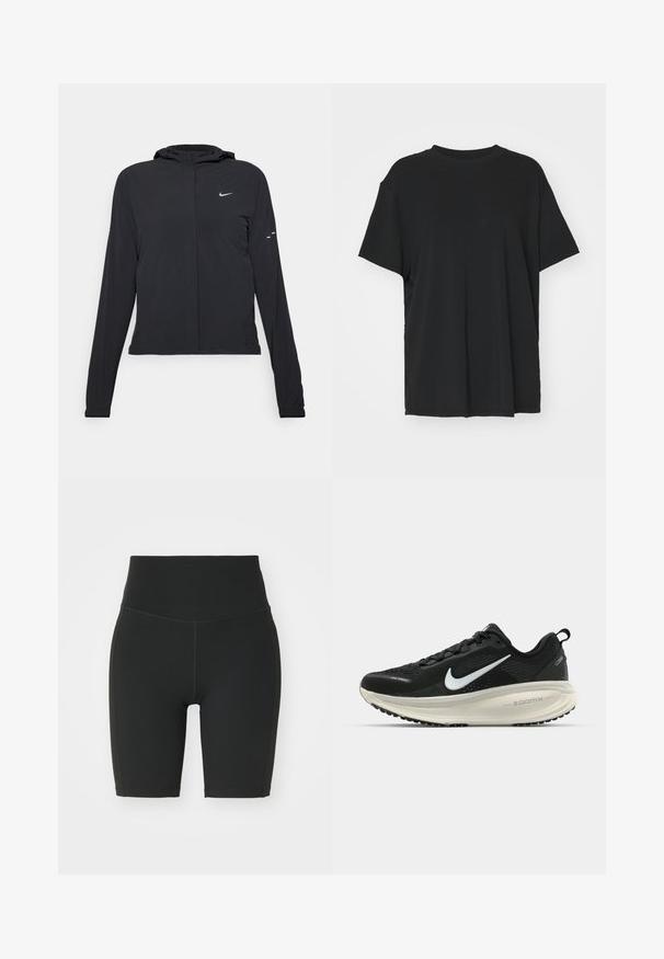 Czarna kurtka z kapturem, z długimi rękawami, wykonana z lekkiego materiału. Posiada zamek błyskawiczny z przodu, logo Nike oraz subtelne akcenty wzornicze.; Czarna krótko rękawowa koszulka wykonana z gładkiego materiału, z okrągłym dekoltem i luźnym krojem. Posiada boczne rozcięcia, które zapewniają dodatkowy komfort i przewiewność.; Czarne rowerowe szorty z wysokim stanem, wykonane z elastycznej tkaniny. Posiadają płaskie szwy i dopasowany krój, zapewniający komfort i swobodę ruchów.; Czarna biegowa półbut z oddychającej siateczki, białym logo swoosh, teksturowanymi detalami oraz kremową podeszwą środkową ZoomX.