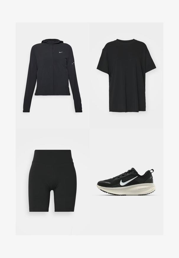 Svart hettegenser med lange ermer, laget av lett materiale. Har glidelås foran, Nike-logo og subtile design detaljer.; Svart t-skjorte med korte ermer laget av glatt stoff, med rund hals og løs passform. Har sideslisser for ekstra komfort og pusteevne.; Svart høy midje sykkelshorts laget av elastisk stoff, med en glatt tekstur og rene sømmer, designet for komfort og fleksibilitet.; Svart Nike løpesko med pustende mesh-overdel, hvit swoosh-logo, teksturert detaljer og en kremfarget ZoomX mellomsåle.