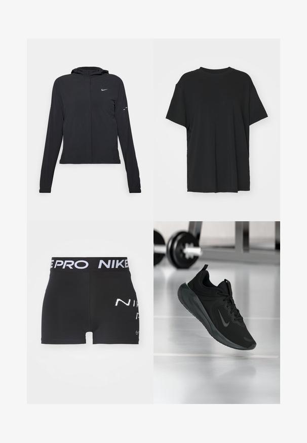Črna kapuča s dolgimi rokavi, izdelana iz lahkega materiala. Ima sprednji zadrgo, logotip Nike in subtilne oblikovne detajle.; Črna kratka majica s kratkimi rokavi, izdelana iz gladkega materiala, s kroјnim ovratnikom in prostim krojem. Ima stranske razpoke za dodatno udobje in zračnost.; Črne atletske kratke hlače z oprijetim dizajnom, elastičnim pasom z oznako "NIKE PRO" in belim logotipom ob strani. Gladka tekstura, kratka dolžina.; Črne športne teniske z logotipom Nike, prikazane v zraku na telovadni talni površini, v ozadju pa zamegljena vrsta uteži.