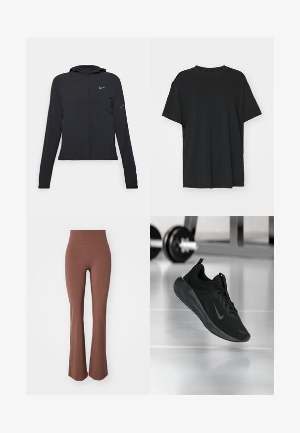 Melnā kapuci jaka ar garām piedurknēm, izgatavota no viegla materiāla. Tam ir priekšējais rāvējslēdzis, Nike logo un smalki dizaina akcenti.; Melna īsām piedurknēm T-krekli, izgatavots no gludas auduma, ar apaļu kakla izgriezumu un brīvu piegriezumu. Satur sānu šķēlumu, lai nodrošinātu papildu komfortu un gaisa caurlaidību.; Brūni flared legingi, kas izgatavoti no elastīga materiāla, ar augstu jostasvietu un gludu tekstūru, izstrādāti komfortam un elastībai.; Melnas sporta kedas ar Nike logo, rādot gaisā uz sporta zāles grīdas, ar izplūdušu hantelēm fona.
