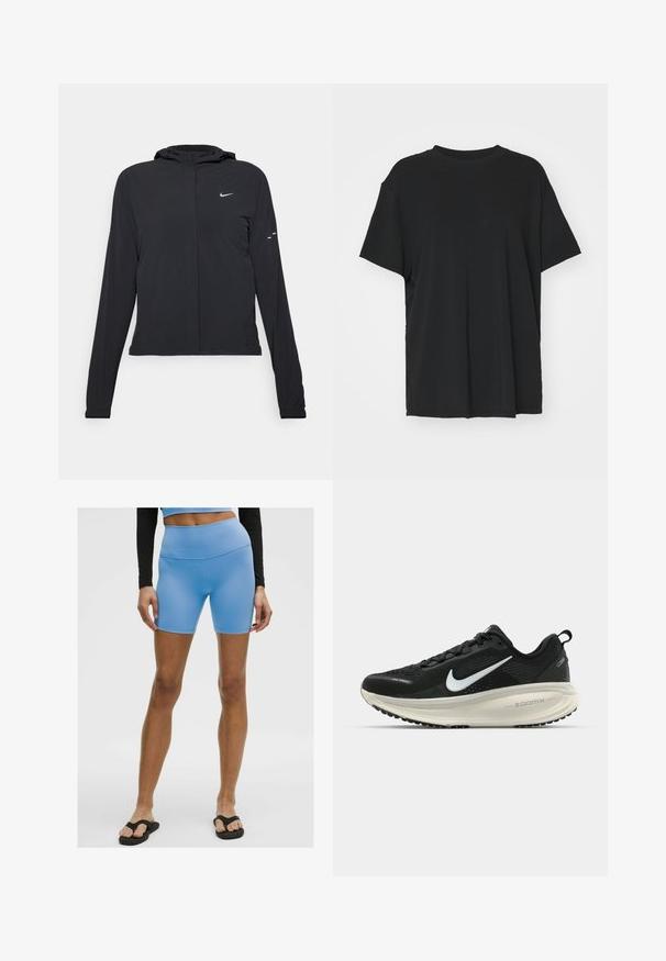 Must musta kapuutsiga jakk, millel on pikad varrukad ja mis on valmistatud kergetest materjalidest. Omab esitaskut, Nike logo ja kergelt silmatorkavaid disainiaktsente.; Must have lühikeste varrukatega must t-särk, mis on valmistatud siledast kangast, ümmarguse kaelusega ja laia lõikega. Omab külgslitsid, mis pakuvad lisamugavust ja hingavust.; Heledad sinine sportlikud lühikesed püksid, mis on valmistatud siledast ja venivast materjalist. Omavad kõrget vöökohta ja vormi järgivat disaini, koos mustade sussidega.; Musthave mustus Nike jooksujalats, millel on hingav võrgust ülemine osa, valge swoosh logo, tekstuuriga detailid ja kreemja värvusega ZoomX vahevöö.