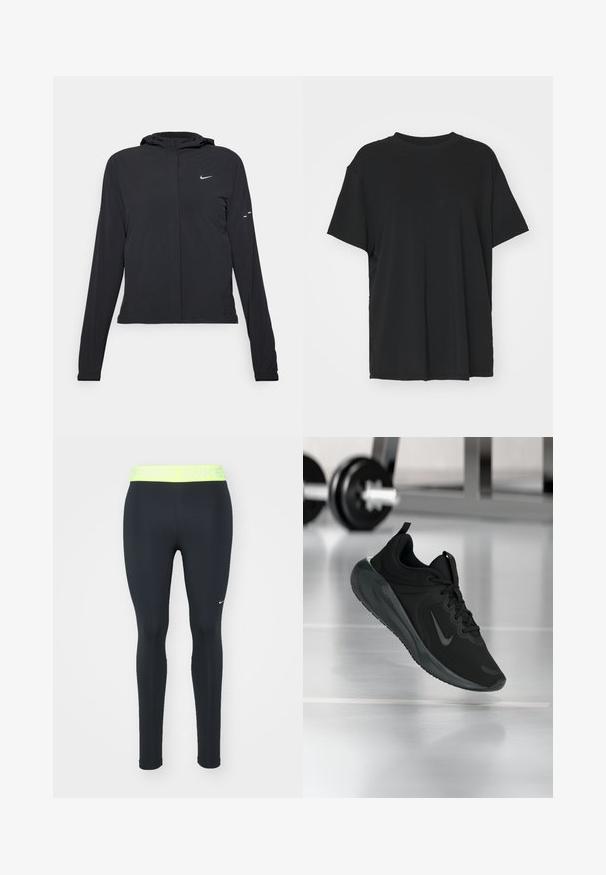 Černá kapucňová bunda s dlouhými rukávy, vyrobená z lehkého materiálu. Obsahuje přední zip, logo Nike a decentní designové akcenty.; Černé tričko s krátkým rukávem vyrobené z hladkého materiálu, s kulatým výstřihem a volným střihem. Obsahuje boční rozparky pro větší pohodlí a prodyšnost.; Nike Performance 365 - Punčochy - black/yellow; Černé sportovní tenisky s logem Nike, zobrazené ve vzduchu na podlaze tělocvičny, s rozostřeným regálem s činkami na pozadí.