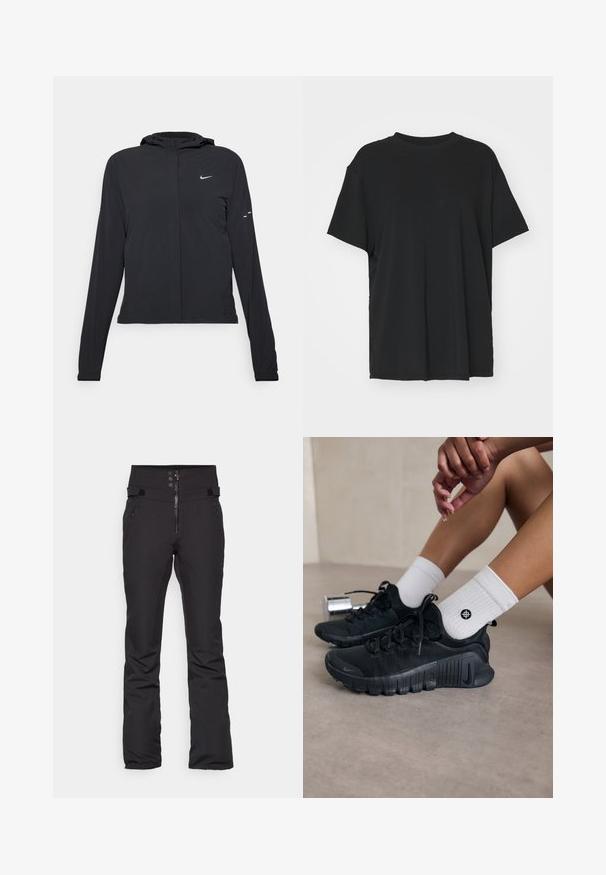Črna kapuča s dolgimi rokavi, izdelana iz lahkega materiala. Ima sprednji zadrgo, logotip Nike in subtilne oblikovne detajle.; Črna kratka majica s kratkimi rokavi, izdelana iz gladkega materiala, s kroјnim ovratnikom in prostim krojem. Ima stranske razpoke za dodatno udobje in zračnost.; Črne smučarske hlače z visokim pasom, zadrgo in gumbom za zapiranje, dvema stranskima žepoma ter prilagodljivimi Velcro detajli na pasu.; Črne športne čevlje z teksturirano tkanino, vezanim dizajnom in izrazitim podplatom, v kombinaciji z belimi rebrastimi nogavicami z majhnim logotipom.