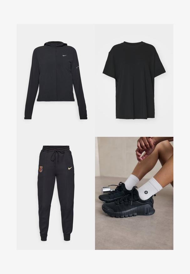 Black hooded jacket with long sleeves, made from lightweight material. Features a front zipper, a Nike logo, and subtle design accents.; Black short-sleeve t-shirt made of smooth fabric, with a crew neck and loose fit. Features side slits for added comfort and breathability.; Black sweatpants made of cotton blend fabric, featuring an elastic waistband with drawstring, side pockets, and embroidered logos in gold and color.; Black athletic shoes with textured fabric, laced design, and a prominent sole, paired with white ribbed socks featuring a small logo.
