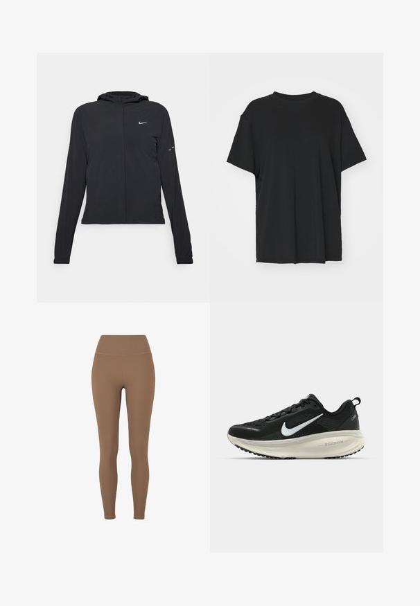Must musta kapuutsiga jakk, millel on pikad varrukad ja mis on valmistatud kergetest materjalidest. Omab esitaskut, Nike logo ja kergelt silmatorkavaid disainiaktsente.; Must have lühikeste varrukatega must t-särk, mis on valmistatud siledast kangast, ümmarguse kaelusega ja laia lõikega. Omab külgslitsid, mis pakuvad lisamugavust ja hingavust.; Pruunid ribakujulised retuusid kõrge vöökohtaga. Kanga tekstuur näib olevat veniv ja sile, sisaldades minimaalselt õmblusi ning ilma nähtavate mustriteta.; Musthave mustus Nike jooksujalats, millel on hingav võrgust ülemine osa, valge swoosh logo, tekstuuriga detailid ja kreemja värvusega ZoomX vahevöö.
