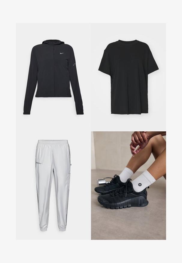 Jachetă neagră cu glugă, cu mâneci lungi, fabricată din material ușor. Dispune de un fermoar frontal, un logo Nike și accente de design subtile.; Tricou negru cu mânecă scurtă, fabricat dintr-un material neted, cu guler rotund și croială lejeră. Dispune de fante laterale pentru un plus de confort și respirație.; Pantaloni atletici de culoare gri deschis, dintr-un material neted, cu talie elastică, buzunare laterale și detalii brodate cu logo în partea din față.; Pantofi sport negri din material texturat, cu un design cu sireturi și o talpă proeminentă, asortați cu șosete albe cu model cu nervuri, având un mic logo.