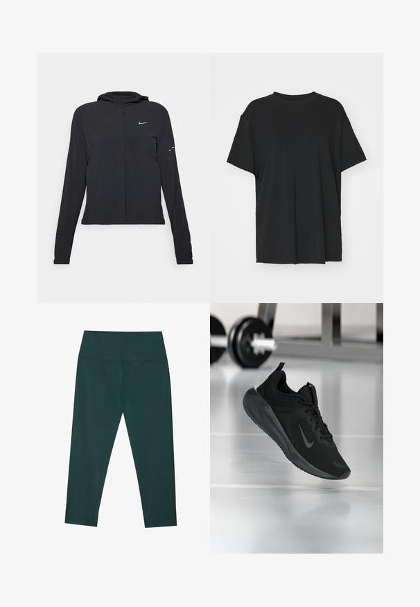 Must musta kapuutsiga jakk, millel on pikad varrukad ja mis on valmistatud kergetest materjalidest. Omab esitaskut, Nike logo ja kergelt silmatorkavaid disainiaktsente.; Must have lühikeste varrukatega must t-särk, mis on valmistatud siledast kangast, ümmarguse kaelusega ja laia lõikega. Omab külgslitsid, mis pakuvad lisamugavust ja hingavust.; Tumed roheline capri leggins, millel on kõrge vöökoht, valmistatud siledast ja venivast materjalist. Omab lamedaid õmblusi ja keha lähedast siluetti.; Mustad mustang spordijalatsid Nike logo'ga, õhus spordisaali põrandal, häguste hantlite riiulitega taustal.