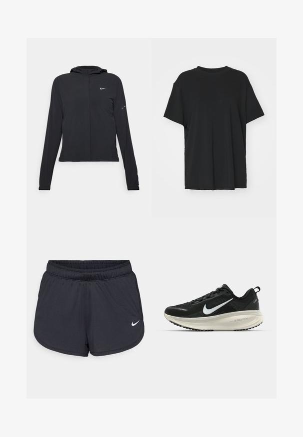 Must musta kapuutsiga jakk, millel on pikad varrukad ja mis on valmistatud kergetest materjalidest. Omab esitaskut, Nike logo ja kergelt silmatorkavaid disainiaktsente.; Must have lühikeste varrukatega must t-särk, mis on valmistatud siledast kangast, ümmarguse kaelusega ja laia lõikega. Omab külgslitsid, mis pakuvad lisamugavust ja hingavust.; Mustad mustikud mustad lühikesed püksid, mis on valmistatud kerge ja hingava kangaga. Omab elastset vööd ja valget Nike logo alumises paremas nurgas.; Musthave mustus Nike jooksujalats, millel on hingav võrgust ülemine osa, valge swoosh logo, tekstuuriga detailid ja kreemja värvusega ZoomX vahevöö.
