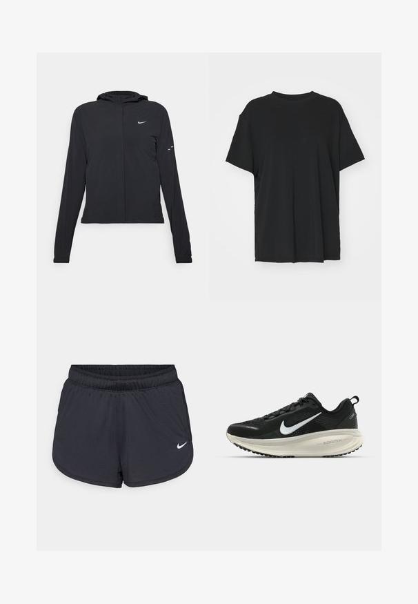 Melnā kapuci jaka ar garām piedurknēm, izgatavota no viegla materiāla. Tam ir priekšējais rāvējslēdzis, Nike logo un smalki dizaina akcenti.; Melna īsām piedurknēm T-krekli, izgatavots no gludas auduma, ar apaļu kakla izgriezumu un brīvu piegriezumu. Satur sānu šķēlumu, lai nodrošinātu papildu komfortu un gaisa caurlaidību.; Melnas sporta šortses ar elastīgu jostu, sportiska dizaina un baltu Nike logotipu apakšējā priekšpusē. Teksturēts audums.; Melnas Nike skriešanas kurpes ar elpojošu acs augšdaļu, baltu Swoosh logotipu, strukturētu apdari un krēmkrāsas ZoomX starpsole.