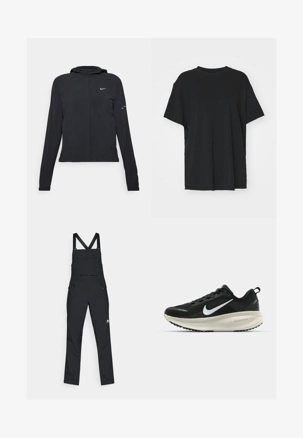 Fekete kapucnis dzseki hosszú ujjakkal, könnyű anyagból készült. Elülső cipzárral, Nike logóval és diszkrét dizájn elemekkel rendelkezik.; Fekete, rövid ujjú póló sima anyagból, kerek nyakkivágással és laza szabással. Oldalhasítékokkal a kényelem és a légáteresztés érdekében.; Erős anyagból készült fekete munkaruha, állítható pántokkal, elülső zsebbel és oldalsó cipzárakkal a könnyű felvétel érdekében. Minimalista dizájn logóval.; Fekete Nike futócipő légáteresztő hálós felsőrésszel, fehér Swoosh logóval, textúrázott részletekkel és krém színű ZoomX középtalppal.