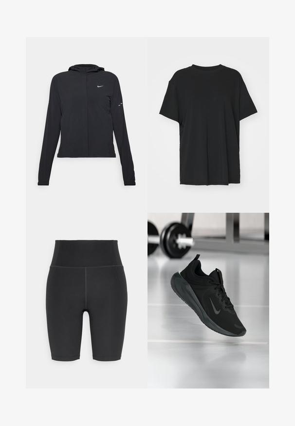 Črna kapuča s dolgimi rokavi, izdelana iz lahkega materiala. Ima sprednji zadrgo, logotip Nike in subtilne oblikovne detajle.; Črna kratka majica s kratkimi rokavi, izdelana iz gladkega materiala, s kroјnim ovratnikom in prostim krojem. Ima stranske razpoke za dodatno udobje in zračnost.; Črne kolesarske hlače iz raztegljivega materiala, z visokim pasom in ravnimi šivi, z gladko teksturo in brez vidnih vzorcev.; Črne športne teniske z logotipom Nike, prikazane v zraku na telovadni talni površini, v ozadju pa zamegljena vrsta uteži.