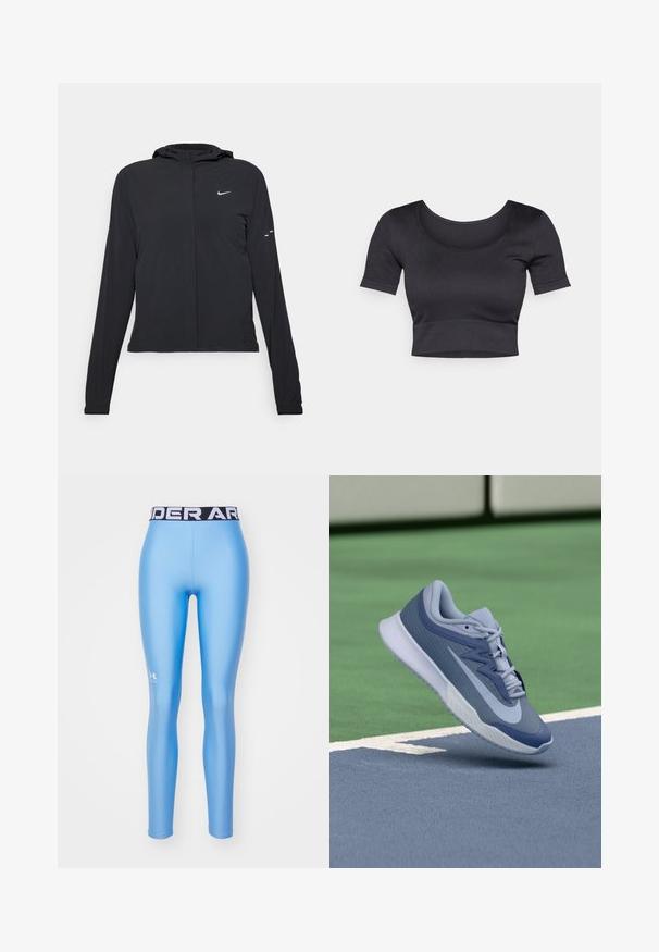 Črna kapuča s dolgimi rokavi, izdelana iz lahkega materiala. Ima sprednji zadrgo, logotip Nike in subtilne oblikovne detajle.; Črn rebrast kratek top s kratkimi rokavi, širokim okroglim vratnim izrezom in prilegajočim trakom na dnu. Mehka tekstura, sproščen dizajn.; Under Armour HEATGEAR - Pajkice - horizon blue/white; Športni copat v svetlo modri in mornarski barvi, z teksturirano zgornjim delom, ravnimi vezalkami in lahko belo podplatom. Dvigovan nad igrališčem.