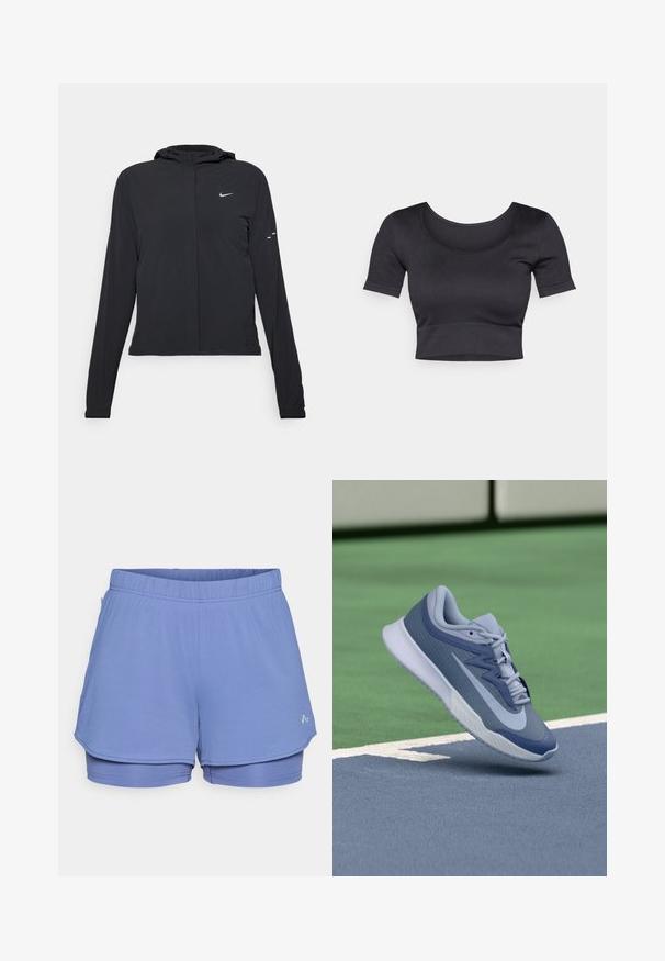 Casaco preto com capuz e mangas longas, feito de material leve. Apresenta um fecho dourado na frente, um logótipo da Nike e detalhes de design subtis.; Top curto preto com nervuras, mangas curtas, decote redondo largo e uma faixa ajustada na parte inferior. Textura suave, design casual.; Calções desportivos azul claro feitos de um tecido texturizado, com um cós elástico, forro interior e um logótipo subtil na lateral.; Sapatilhas desportivas em azul claro e azul marinho, com um topo texturizado, atacadores planos e uma sola leve branca. Elevadas acima de uma superfície de campo.