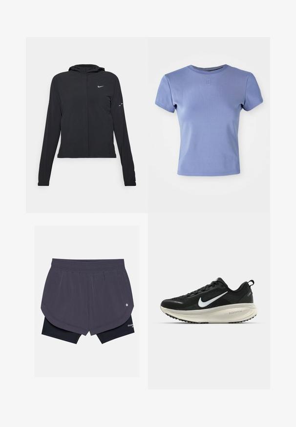 Svart hettegenser med lange ermer, laget av lett materiale. Har glidelås foran, Nike-logo og subtile design detaljer.; Lys lilla tettsittende t-skjorte laget av ribbet stoff, med rund hals og korte ermer. Inkluderer en liten logo aksent på brystet.; Mørk lilla løpetights med lagdelt design, svarte innershorts, elastisk midje og sidelommer.; Svart Nike løpesko med pustende mesh-overdel, hvit swoosh-logo, teksturert detaljer og en kremfarget ZoomX mellomsåle.
