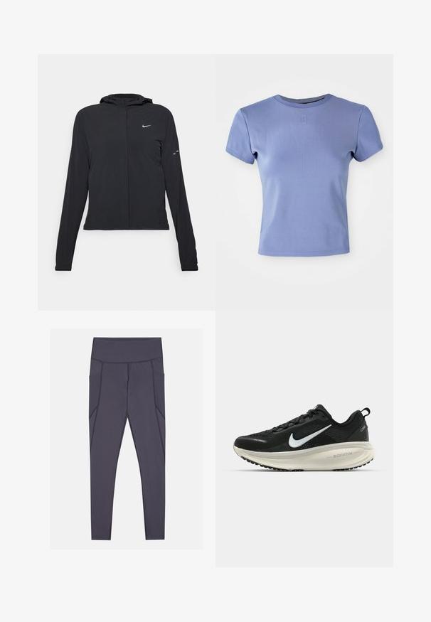Sort hættetrøje med lange ærmer, lavet af letvægtsmateriale. Har en frontlynlås, et Nike-logo og subtile designaccenter.; Lyserød fitted t-shirt lavet af ribbet stof, med rund halsudskæring og korte ærmer. Indeholder en lille logoaccent på brystet.; Mørkegrå leggings med høj talje, der har sidelommer og strukturerede syninger. Fremstillet af strækbart, åndbart stof.; Sort Nike løbesko med åndbart mesh-overdel, hvidt swoosh-logo, tekstureret detaljering og en cremede ZoomX mellemsål.