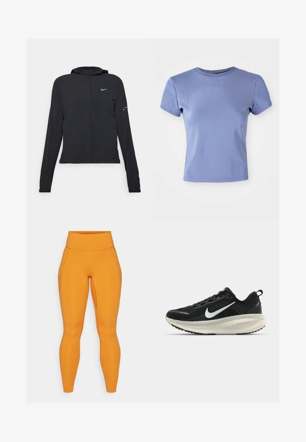 Sort hættetrøje med lange ærmer, lavet af letvægtsmateriale. Har en frontlynlås, et Nike-logo og subtile designaccenter.; Lyserød fitted t-shirt lavet af ribbet stof, med rund halsudskæring og korte ærmer. Indeholder en lille logoaccent på brystet.; Orange højtaljede leggings med en glat, strækbar tekstur, der har sømdetaljer langs siderne for ekstra design.; Sort Nike løbesko med åndbart mesh-overdel, hvidt swoosh-logo, tekstureret detaljering og en cremede ZoomX mellemsål.