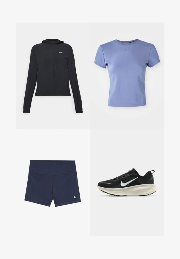 Schwarze Kapuzenjacke mit langen Ärmeln, aus leichtem Material gefertigt. Sie hat einen vorderen Reißverschluss, ein Nike-Logo und dezente Designelemente.; Hellblaues, tailliertes T-Shirt aus geripptem Stoff, mit Rundhalsausschnitt und kurzen Ärmeln. Beinhaltet ein kleines Logo-Detail auf der Brust.; Marineblaue Badeshorts aus glattem Stoff, mit nahtlosem Design, elastischem Bund und kleinem Logo auf der unteren rechten Seite.; Schwarzer Nike-Laufschuh mit atmungsaktivem Mesh-Obermaterial, weißem Swoosh-Logo, strukturierten Details und einer cremefarbenen ZoomX-Zwischensohle.