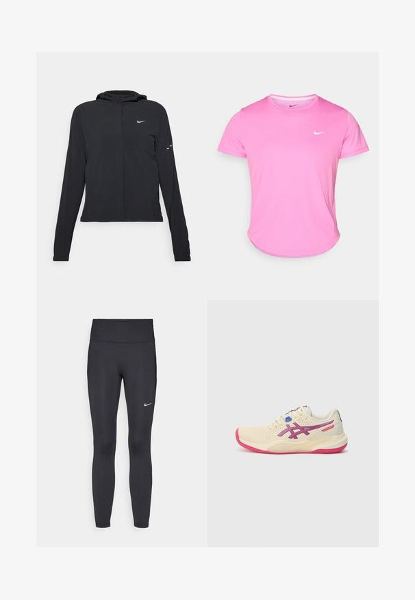Mustassa hupparissa on pitkät hihat, ja se on valmistettu kevyestä materiaalista. Siinä on edessä vetoketju, Nike-logo ja hillityt muotoiluyksityiskohdat.; Vaaleanpunainen Nike-t-paita, jossa on pyöreä pääntie, lyhyet hihat ja valkoinen logo vasemmassa rinnassa, valmistettu sileästä ja kevyestä kankaasta.; Mustat leggingsit joustavasta kankaasta, joissa on korkea vyötärö ja valkoinen Nike-logo vasemmassa reidessä. Sileä pinta, muotoaan myötäilevä suunnittelu.; Kremvärinen urheilukenkä, jossa on vaaleanpunainen pohja, sinisiä ja purppuranvärisiä yksityiskohtia, rei'itetty päällinen ja pyöreä kärkimuoto.