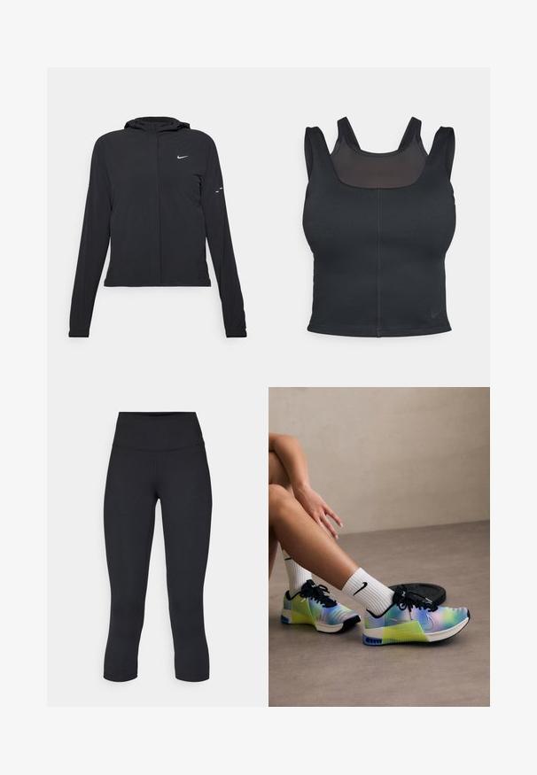 Jachetă neagră cu glugă, cu mâneci lungi, fabricată din material ușor. Dispune de un fermoar frontal, un logo Nike și accente de design subtile.; Sutien sportiv negru cu un design ajustat, bretele late și un overlay din plasă pe față. Textură netedă și cusături minime. Logo-ul Nike pe tiv.; Leggings negre scurte, fabricate dintr-un material elastic, având o talie înaltă și o textură netedă, fără modele sau accesorii vizibile.; Pantofi sport multicolori cu un design gradient care trece de la albastru la verde, având șireturi negre și un logo Nike proeminent.