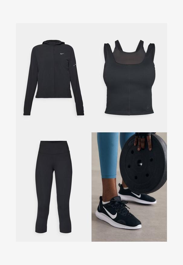 Čierna kapucňová bunda s dlhou rukávou, vyrobená z ľahkého materiálu. Má predný zips, logo Nike a jemné dizajnové akcenty.; Čierna športová podprsenka s priliehavým strihom, širokými ramienkami a sieťovinou na prednej strane. Hladký povrch a minimálne švy. Logo Nike na leme.; Čierne skrátené legíny vyrobené z elastického materiálu, s vysokým pásom a hladkou textúrou, bez viditeľných vzorov alebo kovania.; Čierne športové topánky s sieťovinovým zvrškom, bielymi akcentmi a silnou bielou podrážkou. V popredí je čierna závažia.