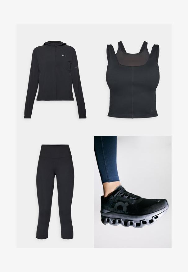 Schwarze Kapuzenjacke mit langen Ärmeln, aus leichtem Material gefertigt. Sie hat einen vorderen Reißverschluss, ein Nike-Logo und dezente Designelemente.; Schwarzer Sport-BH mit enganliegendem Design, breiten Trägern und einem Netzüberzug auf der Vorderseite. Glatte Textur und minimale Nähte. Nike-Logo am Saum.; Schwarze, cropped Leggings aus dehnbarem Material, mit einem hohen Bund und glatter Textur, ohne sichtbare Muster oder Hardware.; Schwarzer Laufschuh mit einem strukturierten Obermaterial und einer markanten Zwischensohle, die ein einzigartiges segmentiertes Design aufweist. Akzentuiert mit einem Logo an der Seite.