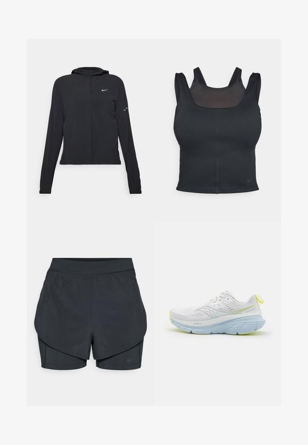 Czarna kurtka z kapturem, z długimi rękawami, wykonana z lekkiego materiału. Posiada zamek błyskawiczny z przodu, logo Nike oraz subtelne akcenty wzornicze.; Czarny biustonosz sportowy o dopasowanym kroju, z szerokimi ramiączkami i siateczkowym wykończeniem z przodu. Gładka tekstura i minimalne szwy. Logo Nike na dolnym brzegu.; Czarne spodenki sportowe z warstwowym krojem, z gładką zewnętrzną warstwą i dopasowanymi wewnętrznymi spodniami. Wykonane z lekkiej, elastycznej tkaniny.; Biała biegowa sneaker z siateczkowym wierzchem, z jasnoniebieskimi akcentami i grubą podeszwą. Zauważalne żółte detale na podeszwie i zaczepie na pięcie.