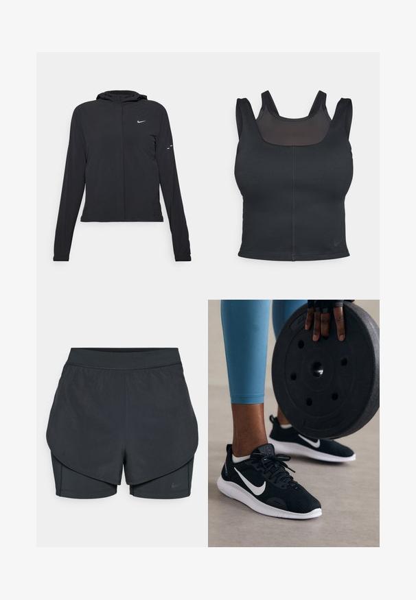 Črna kapuča s dolgimi rokavi, izdelana iz lahkega materiala. Ima sprednji zadrgo, logotip Nike in subtilne oblikovne detajle.; Črn športni modrček z oblikovanim dizajnom, širokimi naramnicami in mrežasto oblogo spredaj. Gladka struktura in minimalni šivi. Nike logotip na robu.; Črne atletske kratke hlače z večplastnim dizajnom, ki vključuje gladko zunanjo plast in prilegnjene notranje kratke hlače. Narejene so iz lahkega, elastičnega materiala.; Črne športne čevlje z mrežnim zgornjim delom, belimi detajli in debelim belim podplatom. V ospredju je črna utež.