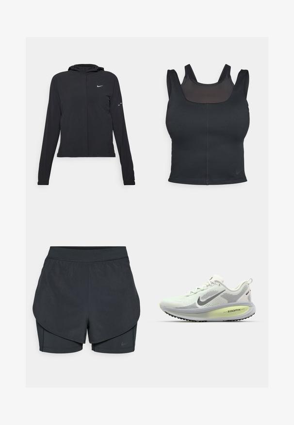 Black hooded jacket with long sleeves, made from lightweight material. Features a front zipper, a Nike logo, and subtle design accents.; Black sports bra featuring a fitted design, wide straps, and a mesh overlay on the front. Smooth texture and minimal seams. Nike logo on hem.; Black athletic shorts with a layered design, featuring a smooth outer layer and fitted inner shorts. Made of lightweight, stretch fabric.; Nike Performance VOMERO 18 - Road running shoes - summit white/black/barely volt/light silver/metallic silver