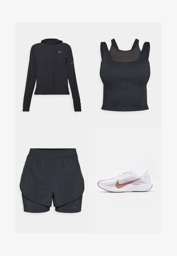 Giacca nera con cappuccio e maniche lunghe, realizzata in materiale leggero. Presenta una zip frontale, il logo Nike e accenti di design sottili.; Bra sportivo nero con design aderente, spalline larghe e sovrapposizione in rete sul davanti. Texture liscia e cuciture minime. Logo Nike sulla parte inferiore.; Shorts sportivi neri con un design a strati, caratterizzati da uno strato esterno morbido e da pantaloni interni aderenti. Realizzati in tessuto leggero e elasticizzato.; Nike Performance PEGASUS PLUS - Scarpe da corsa su strada - white/metallic red bronze/platinum violet/plum dust/hot fuchsia