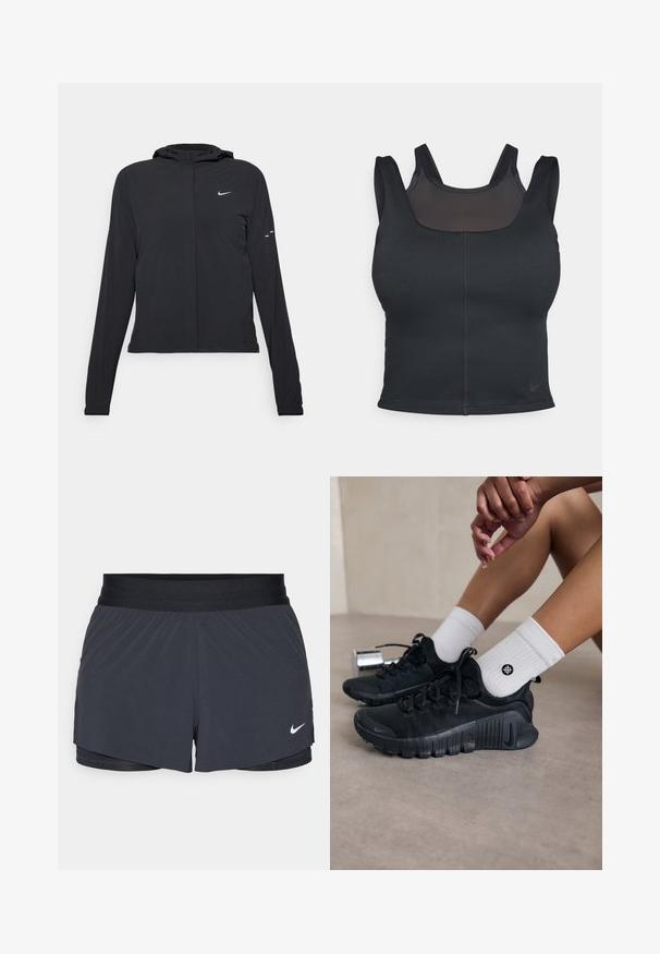 Must musta kapuutsiga jakk, millel on pikad varrukad ja mis on valmistatud kergetest materjalidest. Omab esitaskut, Nike logo ja kergelt silmatorkavaid disainiaktsente.; Mustmust milano spordirinnahoidja, millel on lähedane disain, laiad rihmad ja ees olev võrgusilm. Sile tekstuur ja minimaalne õmblus. Nike logo alläärs.; Mustad must sportlikud lühikesed püksid, millel on elastne vöökoht, kihiline disain ja väike valge Nike logo vasakul all. Kerge materjal.; Mustad must спортjalatsid tekstuurse kangaga, nöörimise disainiga ja silmapaistva tallaga, koos valgete ribafreeside sokkidega, millel on väike logo.