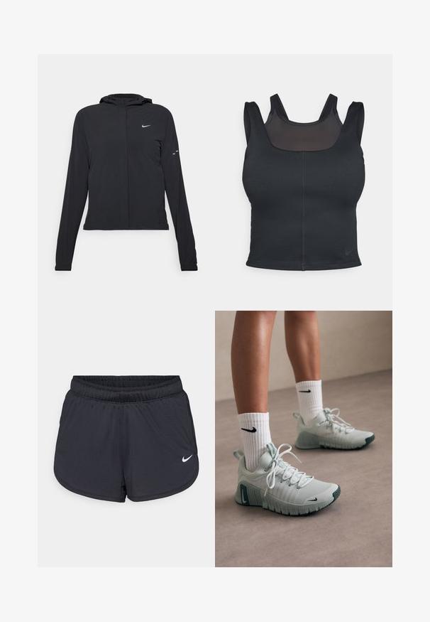 Casaco preto com capuz e mangas longas, feito de material leve. Apresenta um fecho dourado na frente, um logótipo da Nike e detalhes de design subtis.; Sutiã desportivo preto com um design ajustado, alças largas e uma sobreposição de malha na parte da frente. Textura suave e costuras mínimas. Logótipo da Nike na bainha.; Calções atléticos pretos com cintura elástica, apresentando um design desportivo e um logótipo Nike branco na parte inferior da frente. Tecido texturizado.; Ténis atléticos cinza claro com tecido texturizado, atacadores brancos e sola verde. Combinados com meias brancas com textura e um logo preto.
