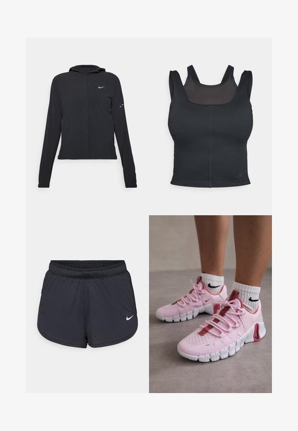 Black hooded jacket with long sleeves, made from lightweight material. Features a front zipper, a Nike logo, and subtle design accents.; Black sports bra featuring a fitted design, wide straps, and a mesh overlay on the front. Smooth texture and minimal seams. Nike logo on hem.; Black athletic shorts with an elastic waistband, featuring a sporty design and a white Nike logo on the lower front. Textured fabric.; Light pink sneakers with a breathable mesh upper, red accents, and a textured white rubber sole. Notable features include adjustable laces.